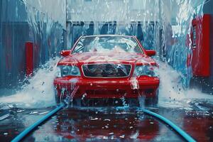 ai genererad en bil löpning genom ett automatisk bil tvätta med borstar och vatten slå de fordon. foto