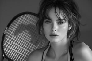 ai genererad sexig sportigt flicka med tennis racket foto