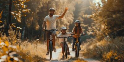 ai genererad leende familj med deras Cyklar i en parkera foto