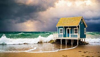 miniatyr- scen av mycket liten hus av sand strand ö, foto