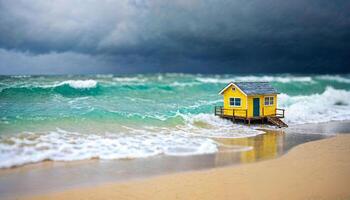 miniatyr- scen av mycket liten hus av sand strand ö, foto