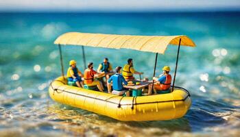 miniatyr- scen av flotte rädda flyta båt och sand strand ö, foto