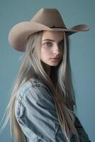 ai genererad skön ung flicka bär cowboy hatt foto