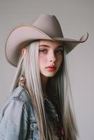ai genererad ung flicka bär cowboy hatt för Västra utrusta illustration foto