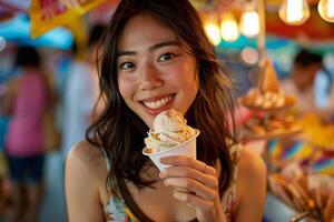 ai genererad japansk kvinna äter is grädde i mat festival foto