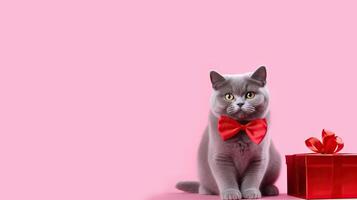 ai genererad baner med en fluffig grå brittiskt katt bär en röd rosett slips runt om hans nacke och Sammanträde Nästa till röd gåva låda på mjuk rosa bakgrund. kopia Plats. valentine dag begrepp foto