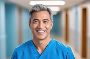 ai genererad mitten åldrig asiatisk manlig läkare i blå skrubbar, leende ser i kamera, man läkare professionell, sjukhus läkare, självsäker praktiker eller kirurg på arbete. blurr bakgrund foto