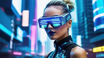 ai genererad kvinna i pixelated neon glasögon, Avancerad teknologi och skönhet. trogen cyberpunk stadsbild. innovation, futurism, urban tech kultur i digital design, reklam, sci-fi projekt foto