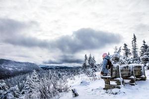 fantastiskt vinterlandskap och observatorium från toppen av berget i Kanada, Quebec foto
