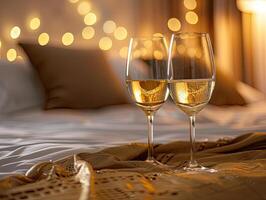 romantisk säng med kuddar och champagne glasögon foto