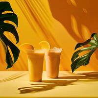 några koppar av smoothies, minimalistisk bakgrund, skugga leafs foto