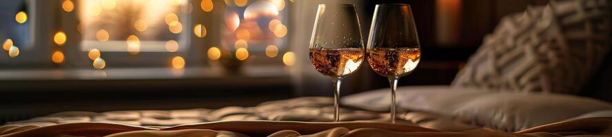 romantisk säng med kuddar och champagne glasögon foto