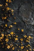 överflöd av små gul blommor på mörk sten bakgrund foto