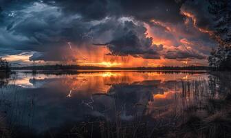 en dramatisk stormig himmel hotande över de horisont, med mörk moln och blinkar av blixt- reflekterad i de vattnen av en sjö foto