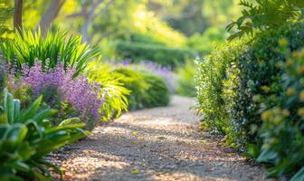 en lugn trädgård väg fodrad med lavendel- blommor foto