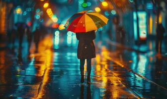 en person stående under en färgrik paraply foto