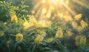 närbild se av gul mimosa blomma gren med bokeh bakgrund foto