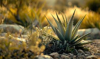 ett aloe vera växt blomstrande i en öken- trädgård foto