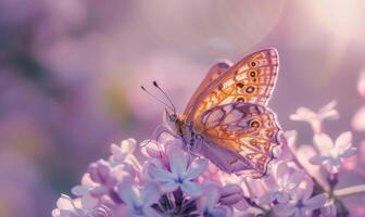 närbild av en fjäril vilar på lila blommar foto