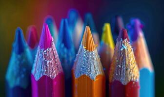närbild av en uppsättning av färgad pennor foto