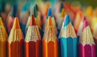 närbild av en knippa av färgad pennor, abstrakt bakgrund med färgad pennor makro se foto