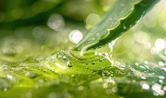 närbild av skuren aloe vera blad och vatten foto