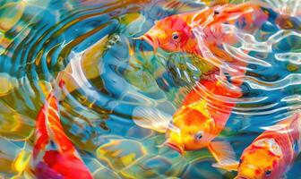 närbild av färgrik koi fisk simning i de klar vattnen av en vår sjö foto