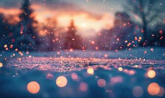 bokeh lampor gnistrande mot en snöig landskap, närbild se foto