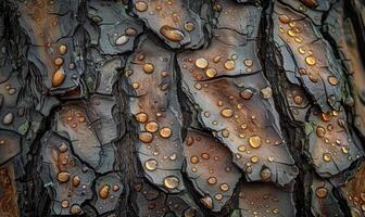 närbild av ceder bark med regndroppar klängande till dess texturerad yta foto