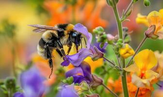 humla samlar pollen från blommor, närbild se, selektiv fokus foto