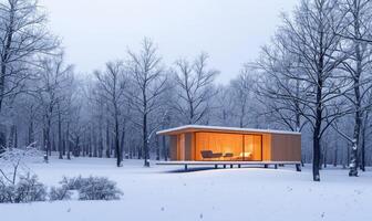 en minimalistisk modern trä- stuga omgiven förbi snötäckt träd i de vinter- skog foto