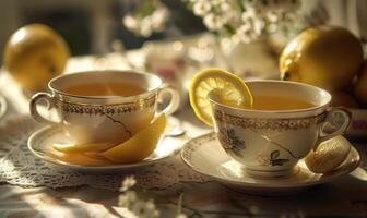 svart te med citron- i årgång tekoppar foto
