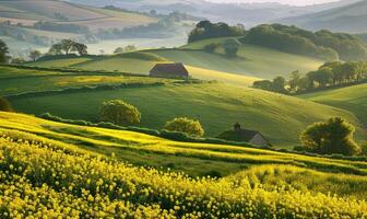 en pittoresk landsbygden scen med rullande kullar täckt i vibrerande gul rapsfrö blommor, vår natur, fält och ängar foto