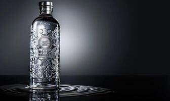 studio skott av en elegant glas flaska attrapp fylld med premie vodka foto