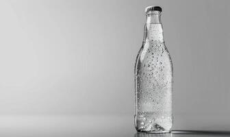 studio skott av en transparent glas flaska attrapp fylld med premie kvalitet gnistrande vatten foto