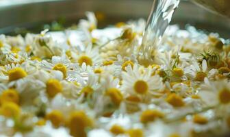 närbild av kamomill blommor varelse destillerad, natur skönhet bakgrund foto