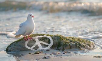 vit duva stående på en moss-täckt sten med en fred symbol dragen i de sand foto