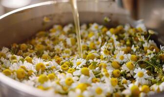 närbild av kamomill blommor varelse destillerad, natur skönhet bakgrund foto