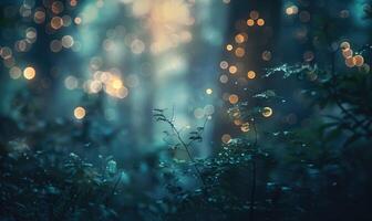 subtil bokeh lampor skapande ett förtjusande atmosfär i en mystisk skog foto
