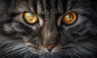 närbild porträtt av en maine Coon katt visa upp dess slående bärnsten ögon foto
