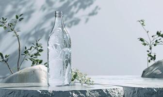 kristall klar glas flaska attrapp visa upp en premie kvalitet mineral vatten kommer från från naturlig fjädrar foto