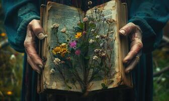 händer innehav ett öppen gammal bok med vild blomning från dess sidor, närbild se foto