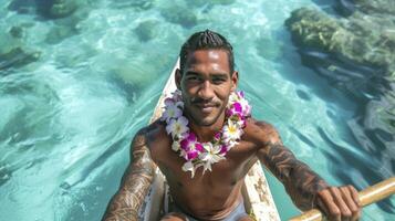 ai genererad en pacific öbo man med tatueringar och en blomma krans är navigerande en kanot i de klar vattnen av fiji foto