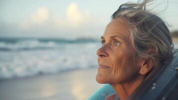 ai genererad en medelålders kvinna från oceanien, med en omtänksam uttryck och en surfbräda, är tittar på de vågor på en strand i guld kust, Australien foto