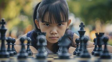 ai genererad en Tonårs flicka från sydöst Asien, med en fokuserade uttryck och en schack styrelse, är spelar en spel av schack i en parkera i Manila, filippinerna foto
