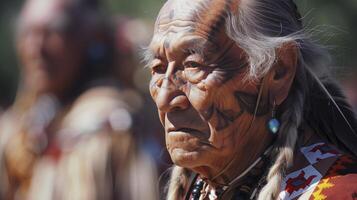 ai genererad en inföding amerikan äldre, med lång vit flätor och en riden ansikte, är utför en traditionell dansa på en powwow i arizona, foto