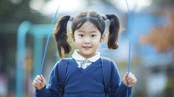 ai genererad en ung flicka från öst Asien, med pigtails och en skola enhetlig, är spelar med en hoppa rep i en skolgård i seoul, söder korea foto