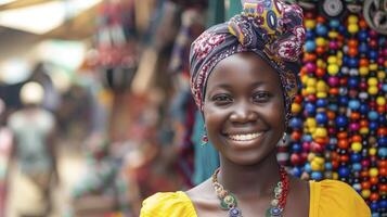 ai genererad en ung afrikansk kvinna, med en strålnings leende och en färgrik huvudduk, är försäljning handgjort Smycken på en livliga marknadsföra i lagos, nigeria foto