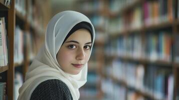 ai genererad en ung mitten östra flicka med mörk brun ögon och en hijab är studerar i en bibliotek i istanbul, foto