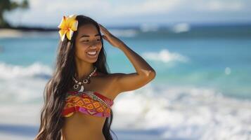 ai genererad en ung polynesisk kvinna, med lång svart hår och en blomma i henne hår, är dans hula på en strand i hawaii foto